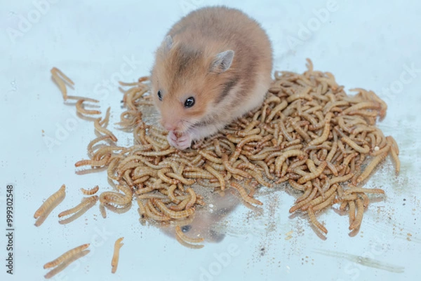 Fototapeta A Campbell dwarf hamster eating a colony of yellow meal worms. This rodent has the scientific name Phodopus campbelli.