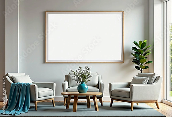 Fototapeta Modern minimalist living room with three gray sofa chairs, round wooden coffee table, houseplants, and large empty frames on white walls. Generative AI