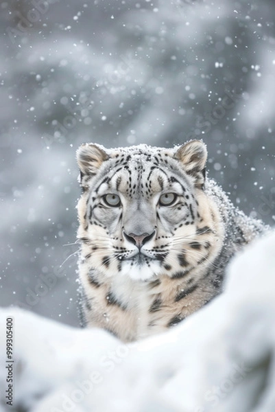 Fototapeta  Snow leopard utilizing its exceptional camouflage in white snowy habitat