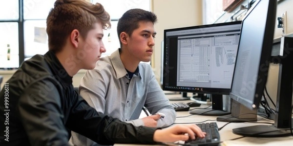 Fototapeta Two Young Men in a Professional Setting, Reviewing a Project Plan on a Computer Screen, One Using a Pen to Highlight Key Points.