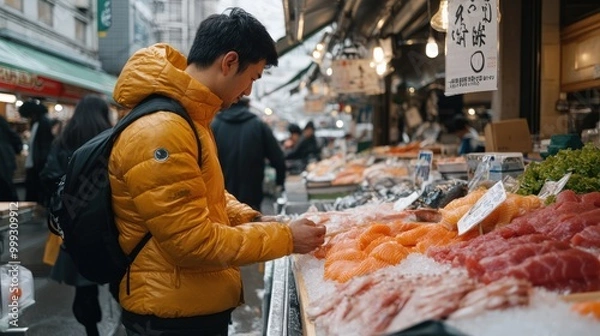 Fototapeta 活気あふれる日本の魚市場：新鮮な魚介類と賑やかな雰囲気が旅行ポスターに
