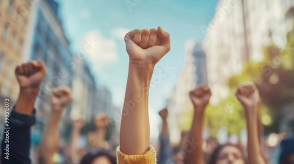 Fototapeta Close up of United Hands Raised in Solidarity at a Public Demonstration, Unity and Community Strength Concept