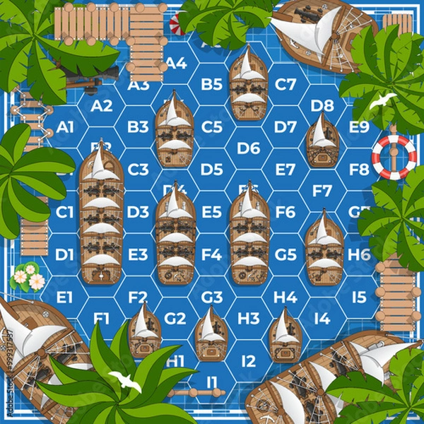 Obraz Sea battle. Sailing warships. Board game. Hexagons. Vector illustration.