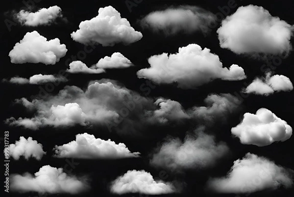 Obraz Clouds set isolated on black background. White cloudiness, mist or smog background