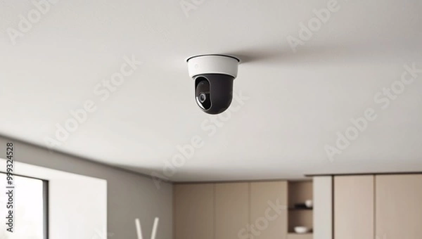 Fototapeta A small, streamlined security camera installed on the ceiling of a minimalist-style home. The uncluttered space features light tones and minimal decor, with the camera providing discreet surveillance