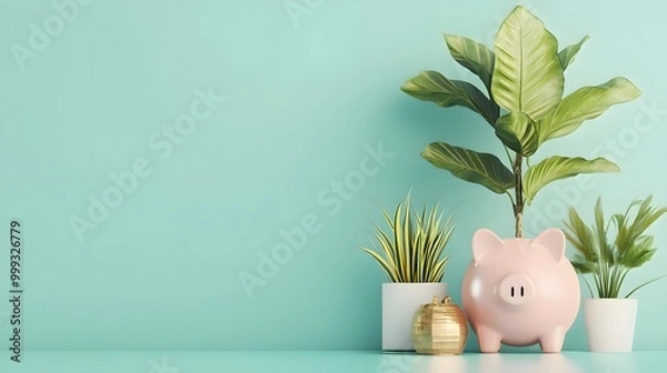 Fototapeta A serene scene featuring a pink piggy bank beside green plants on a mint-colored background, symbolizing savings and growth.