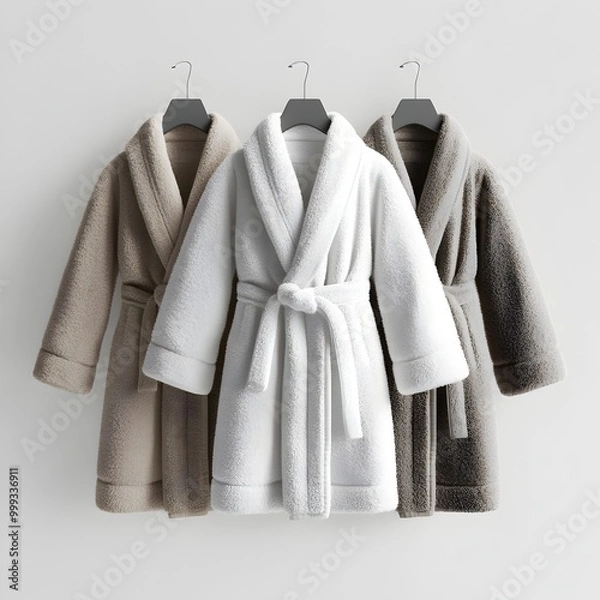 Obraz Elegant Plush Bathrobes Artfully Displayed in Muted Tones on White Background
