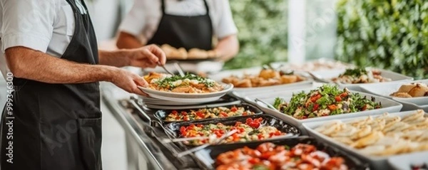 Fototapeta Attentive delivery staff setting up high-end catering buffet at a luxury outdoor event, gourmet dishes displayed elegantly