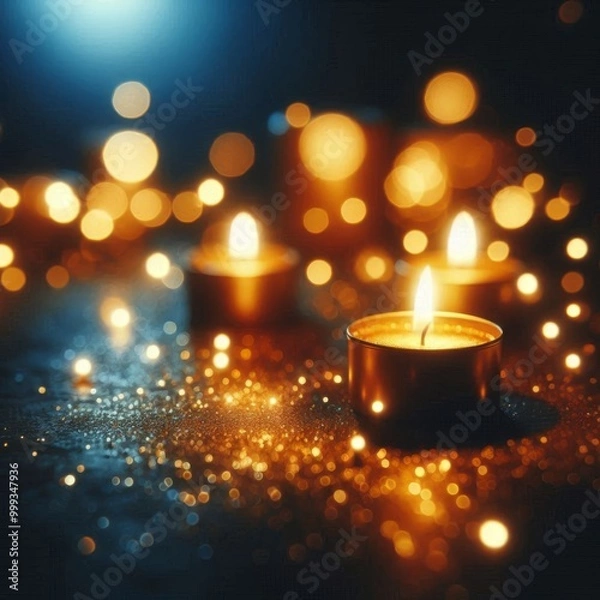 Fototapeta Golden bokeh dances around candlelight in deep blue darkness, capturing the serenity