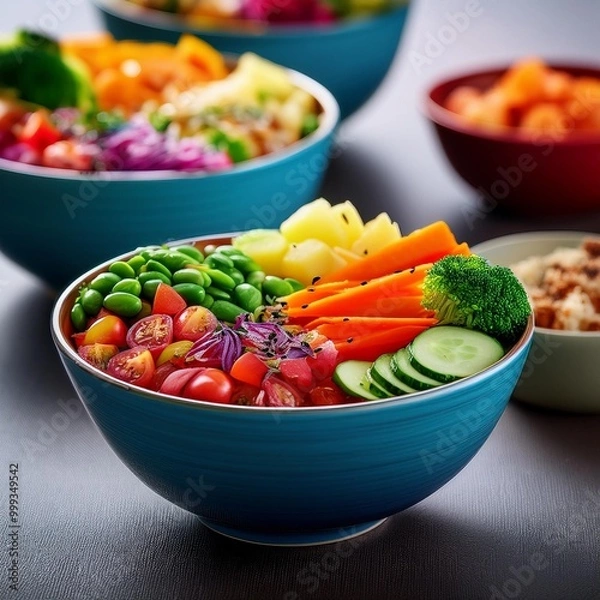 Fototapeta Bright and colorful lunch bowls with depth of field highlighting fresh produce and diverse textures