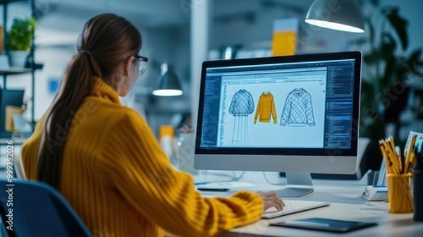 Fototapeta Designer Working on Fashion Illustrations on Computer in Modern Office Environment