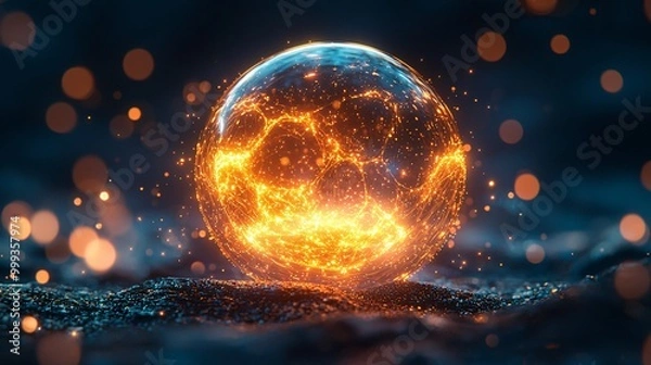 Fototapeta A molecule inside a glowing golden bubble, softly illuminated in a calm, minimalistic environment