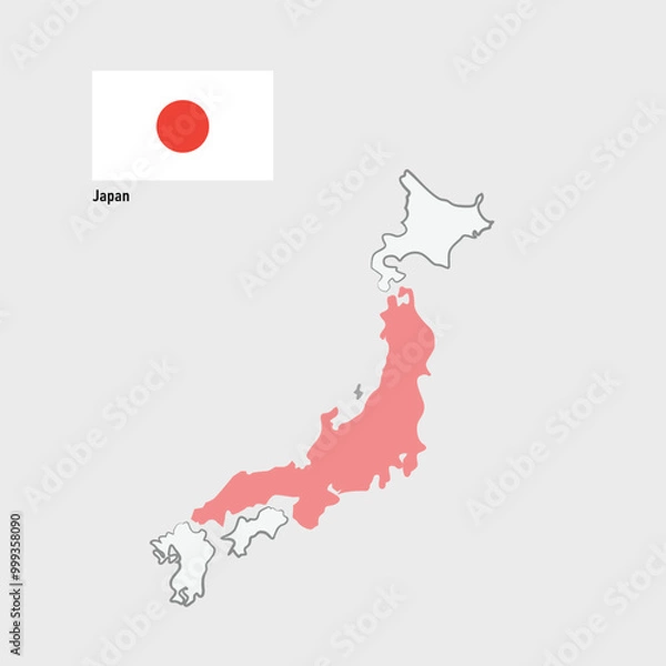 Fototapeta An illustration of Japan's flag, featuring a red circle symbolizing the sun, superimposed on the country's map, highlighting its island geography in white against the backdrop of the iconic flag.