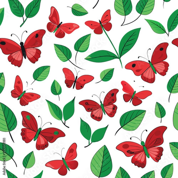 Fototapeta Bright red butterflies flutter alongside lush green leaves creating a cheerful pattern that reflects the beauty of nature in a vibrant garden atmosphere