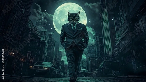 Fototapeta Cat in a mafia-style suit walking confidently under moonlight in a city setting