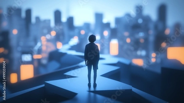 Fototapeta CGI Scene of a Young Entrepreneur at a Crossroads of Investment Opportunities