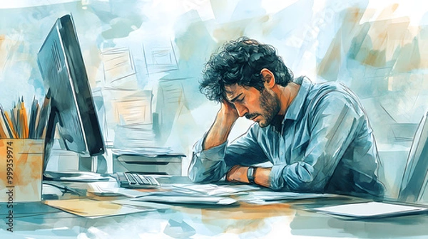 Fototapeta Messy office desk working man stressed frustration overwhelm burnout, paper files folders, stress work overtime busy businessman, finance business worker headache mental health balance high pressure