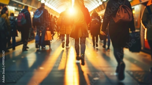 Fototapeta Commuters in Busy Train Station Corridor at Sunset. Autumnal Glow in Crowded Metro Station.