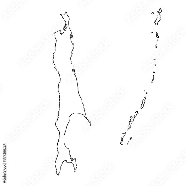 Fototapeta Sakhalin Oblast Russia, Subjects of the Russian Federation, Oblasts of Russia map vector line art illustration, scribble sketch Sakhalin and the Kuril Islands map isolated on white, contour style