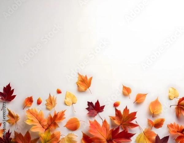 Fototapeta Colorful autumn leaves in orange, red, and yellow scattered at the bottom of a white background. A few leaves float gently above, creating a simple, airy, and minimalist fall-themed design