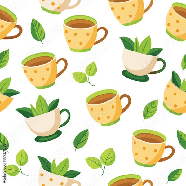 Fototapeta Delightful little tea cups filled with tea leaves and surrounded by fresh green leaves create a charming seamless pattern for tea enthusiasts