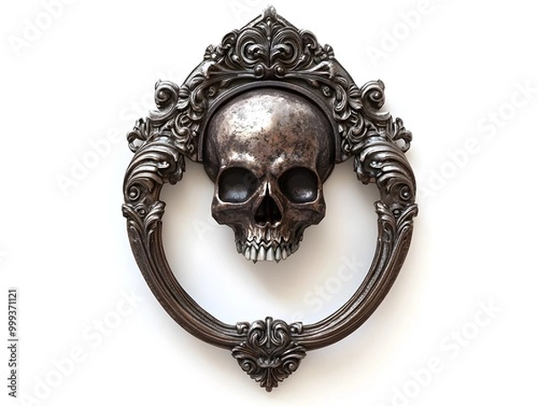 Fototapeta Haunting Gothic Door Knocker with Skull Design on Isolated White Background