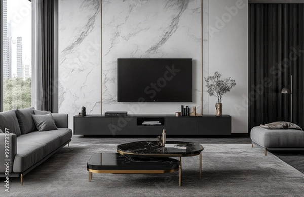 Fototapeta Modern living room with a marble wall, a black and grey color scheme, a sofa facing the television on the right side of the picture, large windows overlooking the cityscape. Created with Ai