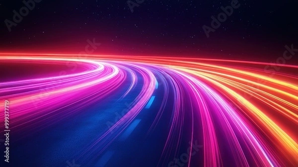 Fototapeta Speed of glow smooth light lines. Neon road effect on black background. Abstract trace of luminous stripes from the movement of a car. Beam of laser futuristic rays