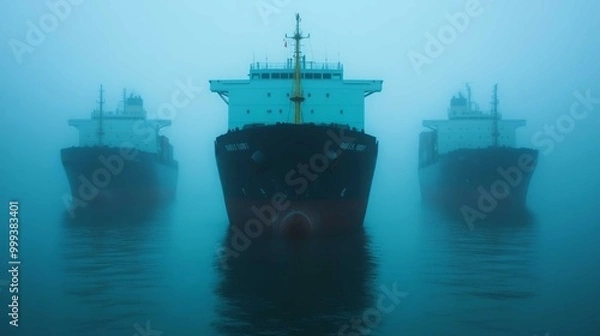 Fototapeta Three large ships emerge from thick fog over calm waters, creating a mysterious and atmospheric scene.