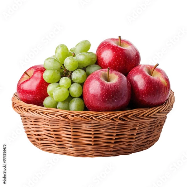 Fototapeta Fresh red apples and green grapes are beautifully arranged in natural wicker basket, creating vibrant and inviting display of fruit. This delightful composition evokes sense of abundance and health