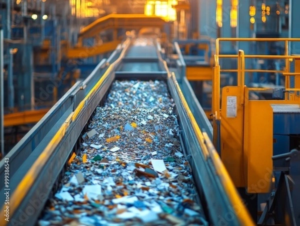 Obraz A recycling center processing paper waste, with conveyor belts and machinery converting waste paper into pulp for reuse.