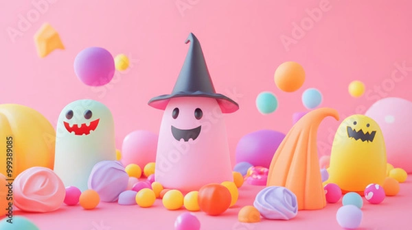 Fototapeta A group of colorful monsters are sitting on a pink background with a witch hat o