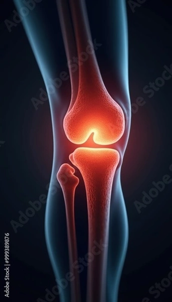 Fototapeta Digital illustration showcasing a close-up view of a human knee joint, highlighting anatomical details with glowing effects, ideal for healthcare and educational purposes.