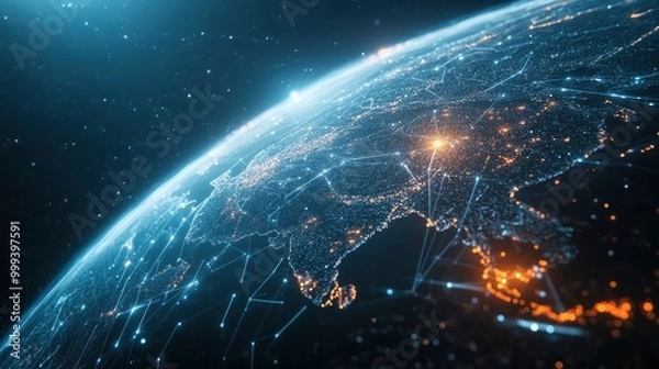 Fototapeta Futuristic illustration of Earth with glowing lines connecting cities, representing global communication and interconnectedness.