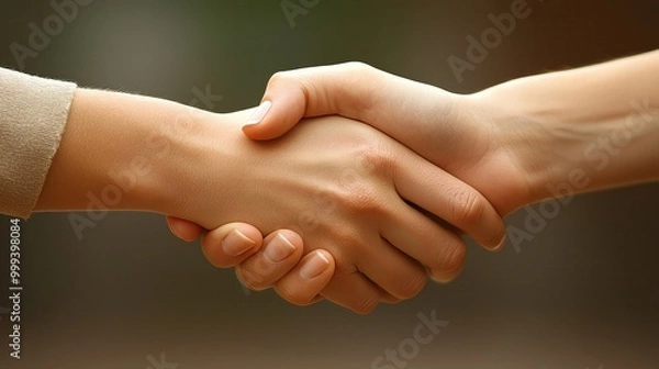 Fototapeta A close-up of two hands shaking in a gesture of agreement and partnership, symbolizing unity and cooperation.