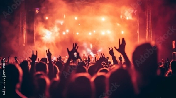 Fototapeta A crowd of people with their hands raised at a concert with a stage and spotlights in the background.