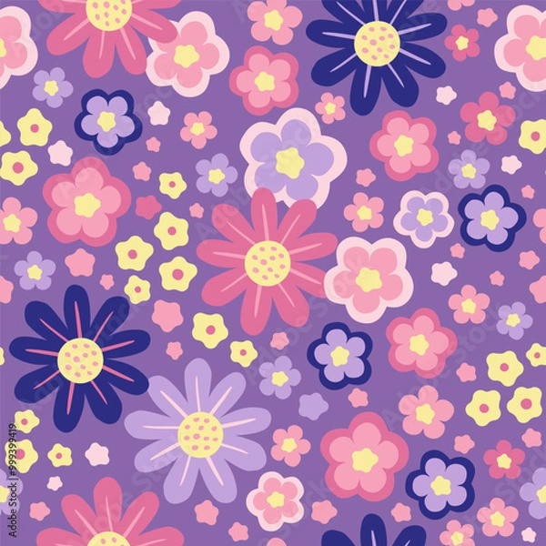 Fototapeta Hand drawn seamless pattern with abstract stylized flowers in pastel colors on a purple background