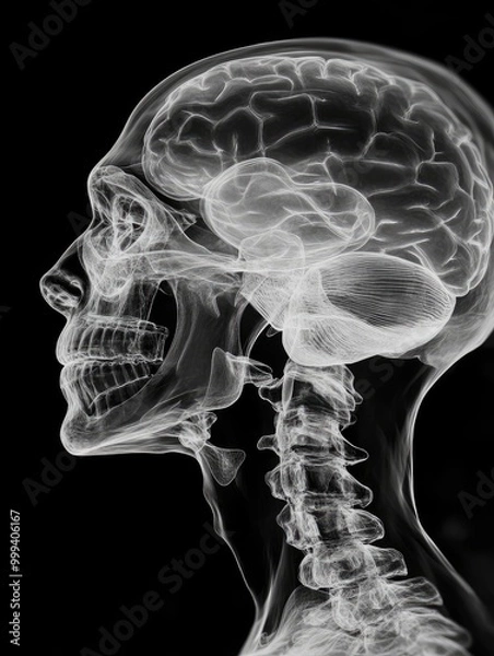 Fototapeta Detailed x-ray of head, visible skull and brain outline, 3D illustration