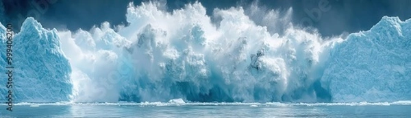 Fototapeta A stunning display of nature's power as a glacier calving creates a magnificent splash of blue water against the serene backdrop.