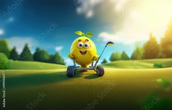 Fototapeta A cheerful lemon with a big smile rides a golf cart on a green grassy course.