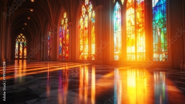 Fototapeta A vibrant interior featuring stained glass windows, casting colorful reflections on a polished floor illuminated by warm sunlight.