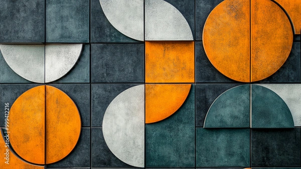 Fototapeta Colorful geometric wall art featuring orange, gray, and teal circles and shapes in modern design