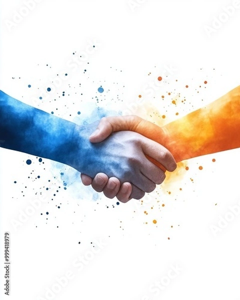 Fototapeta Handshake symbolizing teamwork in business acquisition flat design top view corporate strategy theme watercolor Splitcomplementary color scheme