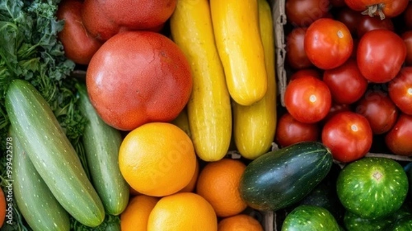 Fototapeta Sparse fruit and vegetables on display in a market, highlighting the effects of a food shortage   food scarcity, market scene
