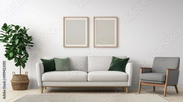 Fototapeta minimalist Scandinavian living room featuring white sofa adorned with green cushions, complemented by stylish armchair and potted plant, creates serene atmosphere. 