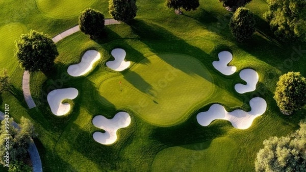 Obraz Aerial view of a golf course with unique bunkers and lush green lawns.