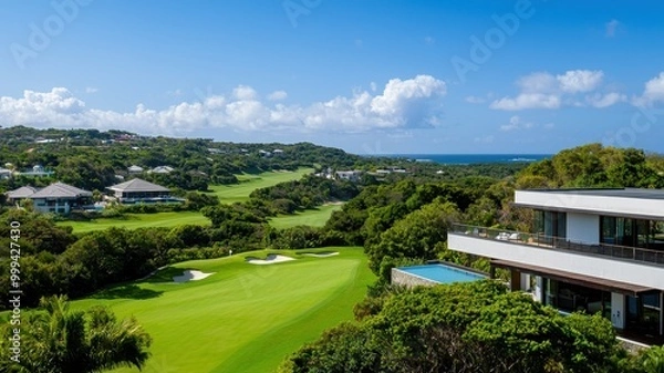 Obraz Beautiful panoramic view of a lush green golf course with modern villas under a clear blue sky.