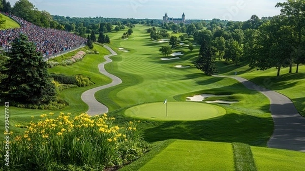 Obraz Scenic view of a lush golf course with vibrant greens, pathways, and a clear blue sky showcasing an ideal golfing environment.
