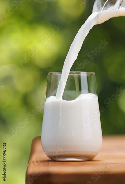 Fototapeta milk pouring into glass from jug on table