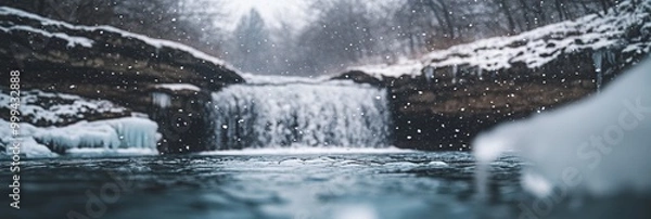 Fototapeta Frozen Cascade, a serene winter scene showcasing a majestic waterfall surrounded by delicate icicles glistening in the cold light.